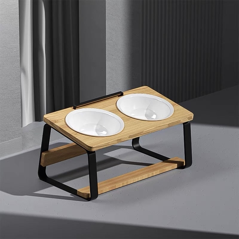 Ceramic Double Bowl Pet Feeding Bowl Neck Protection Holder