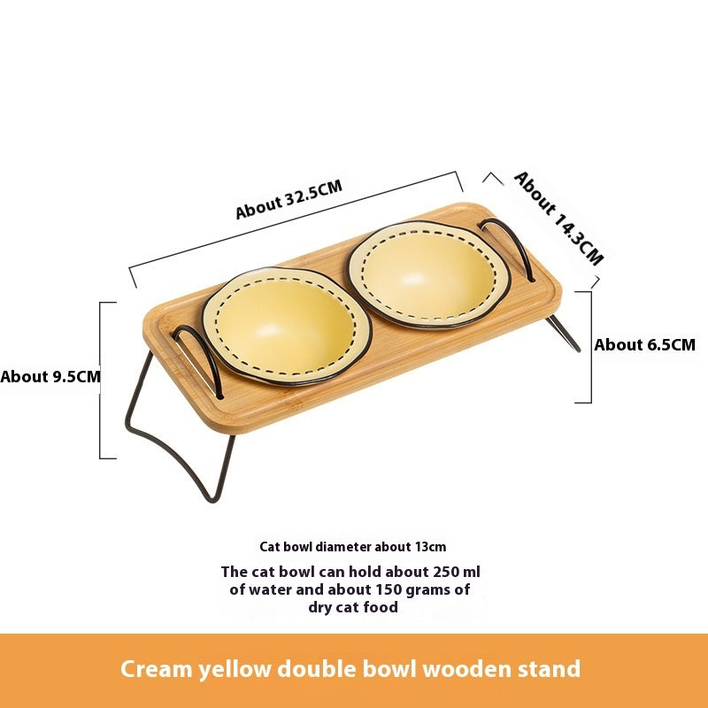Pet Wooden Rack Multi Functional Ceramic Feeding Bowl Anti Tumble Water Holder