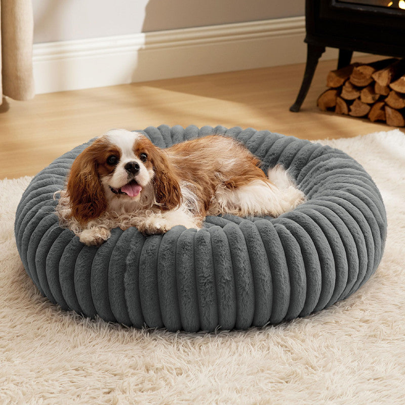 Plush Round Winter Pet Bed Vertical Stripe Warm Fur Nest