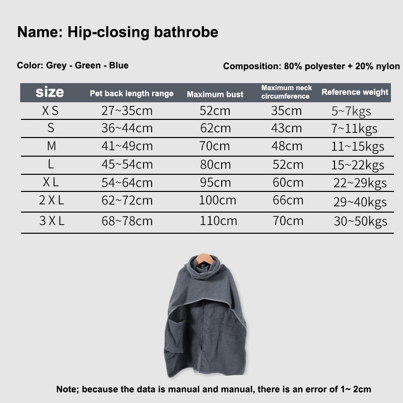 Pet Adjustable Bathrobe Water Absorbent Drying Towel Grooming Coat