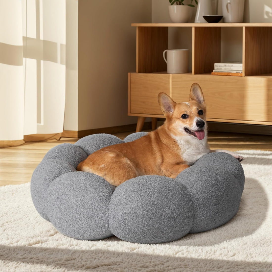 Calming Fluffy Flower Plush Round Pet Bed Soft Donut Cuddler Non Slip Washable Nest