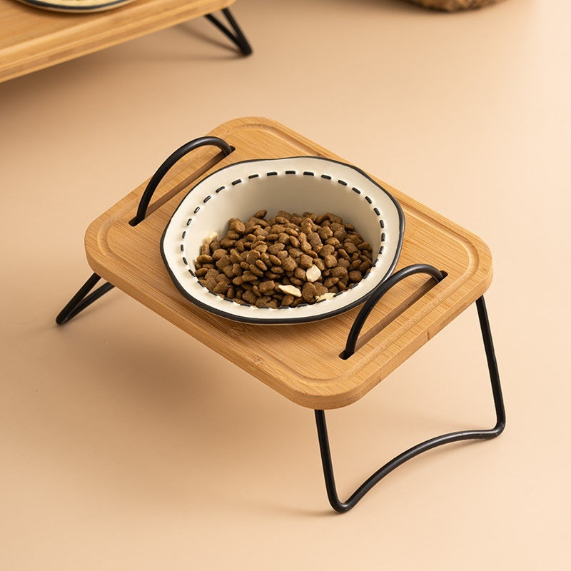 Pet Wooden Rack Multi Functional Ceramic Feeding Bowl Anti Tumble Water Holder