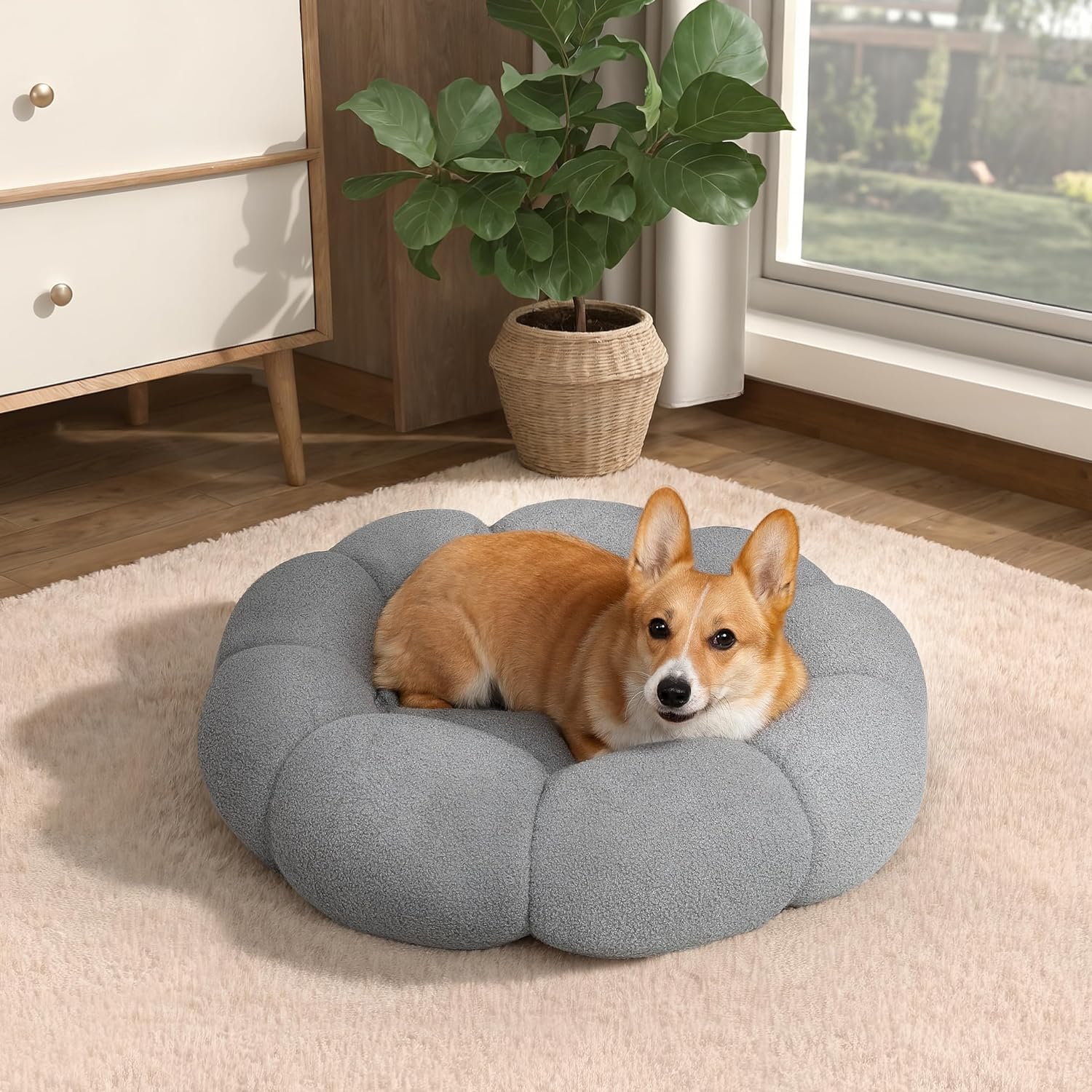 Calming Fluffy Flower Plush Round Pet Bed Soft Donut Cuddler Non Slip Washable Nest