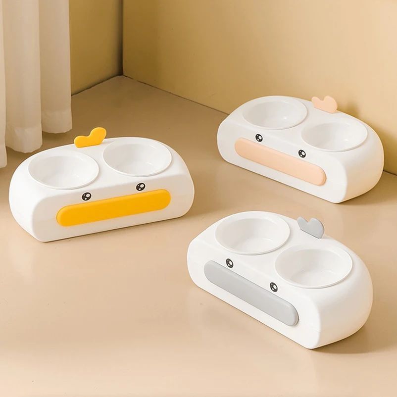 Duck Design Double Pet Bowl Plastic Feeding Tray