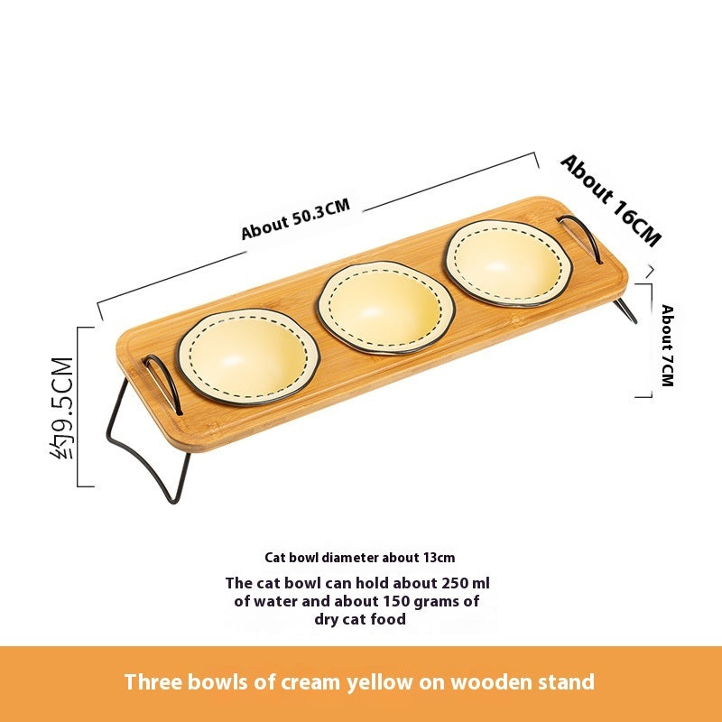 Pet Wooden Rack Multi Functional Ceramic Feeding Bowl Anti Tumble Water Holder