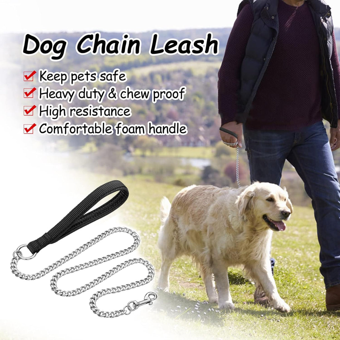 Heavy Duty Chew Proof Pet Leash Chain With Padded Handle
