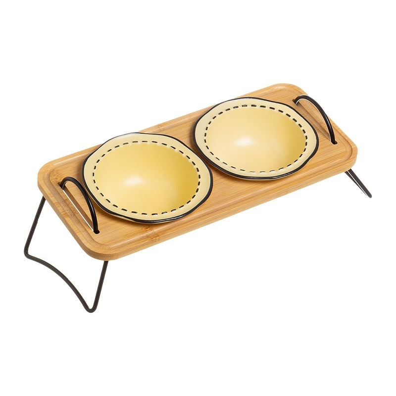Pet Wooden Rack Multi Functional Ceramic Feeding Bowl Anti Tumble Water Holder