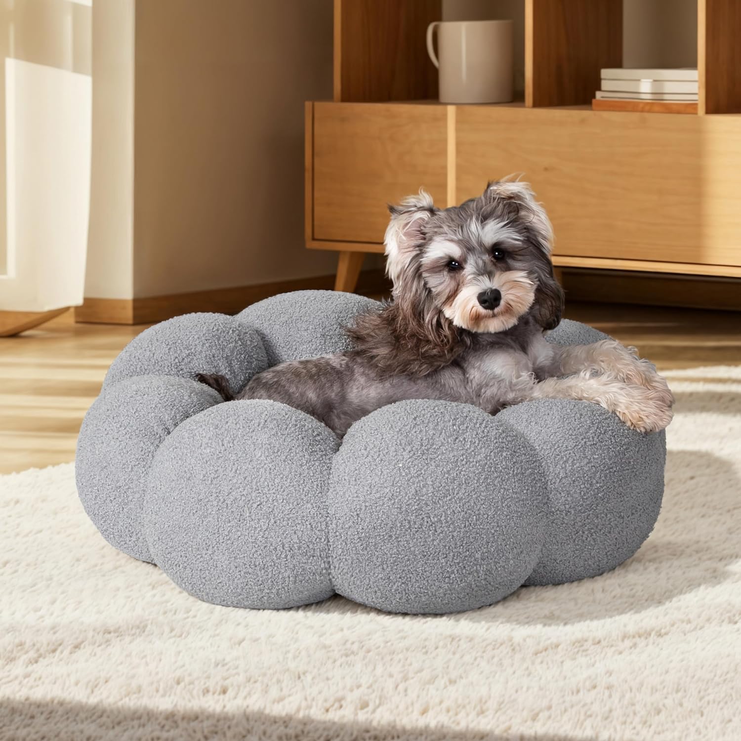 Calming Fluffy Flower Plush Round Pet Bed Soft Donut Cuddler Non Slip Washable Nest