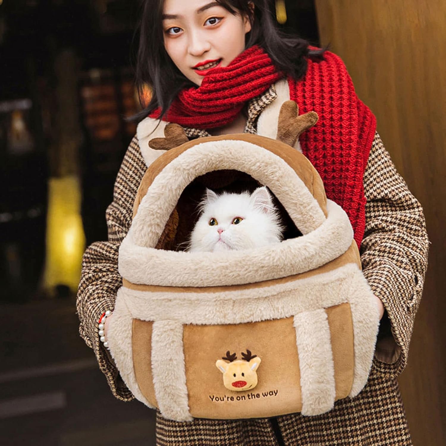 Pet Plush Winter Travel Carrier Backpack Bag With Hand Warmers