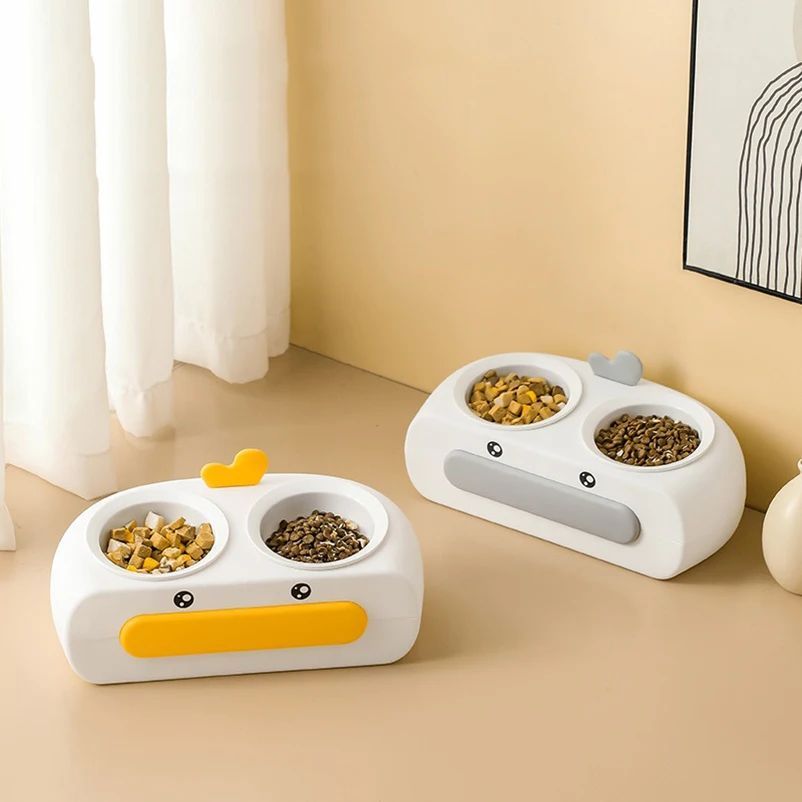 Duck Design Double Pet Bowl Plastic Feeding Tray