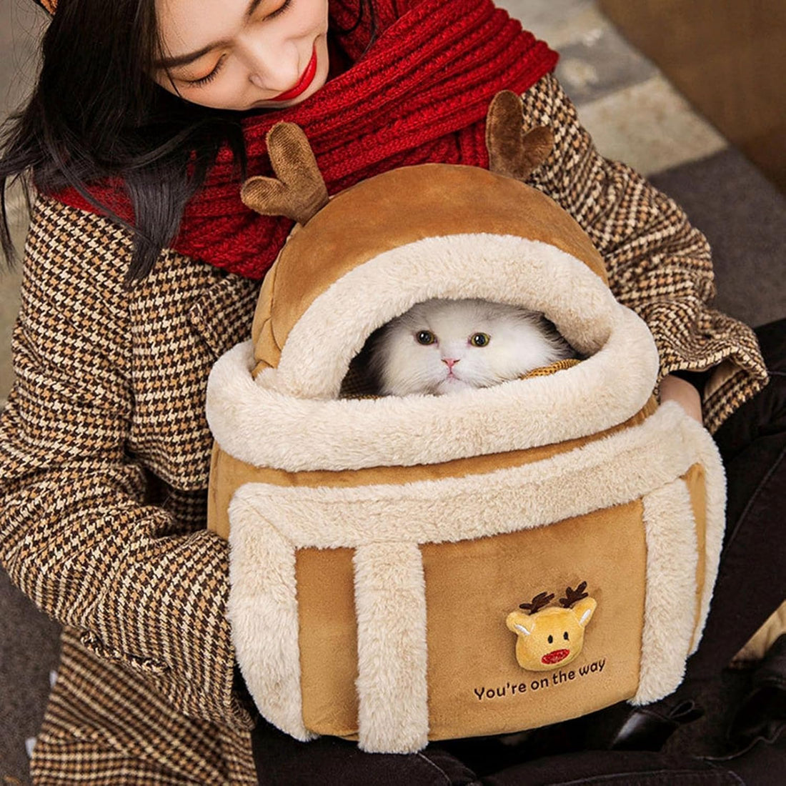 Pet Plush Winter Travel Carrier Backpack Bag With Hand Warmers