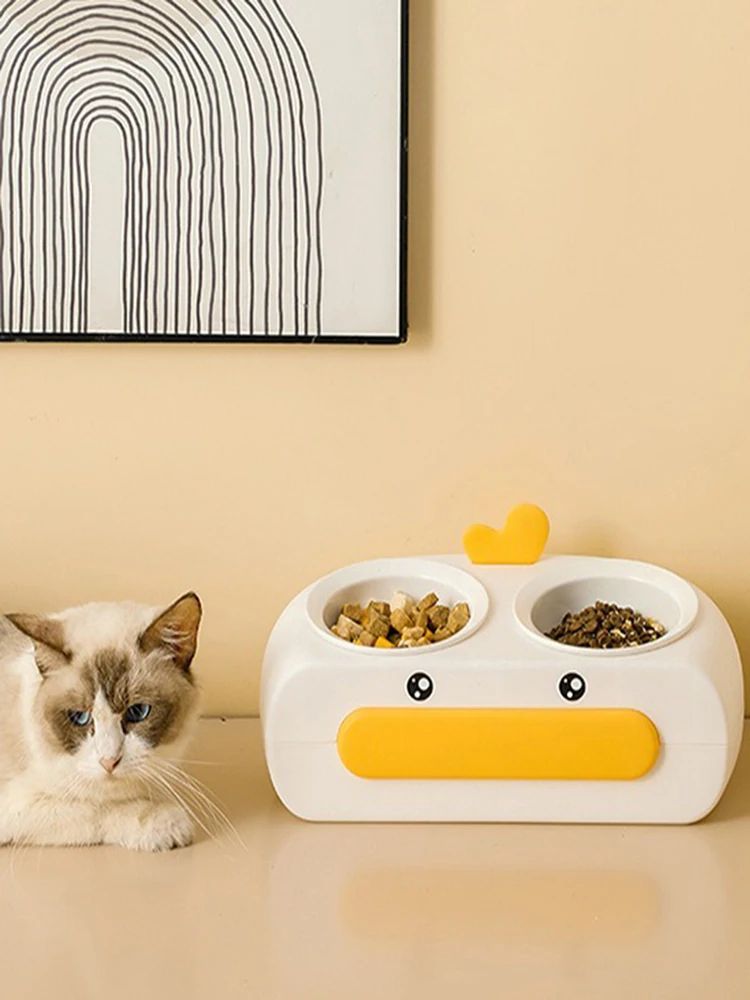 Duck Design Double Pet Bowl Plastic Feeding Tray